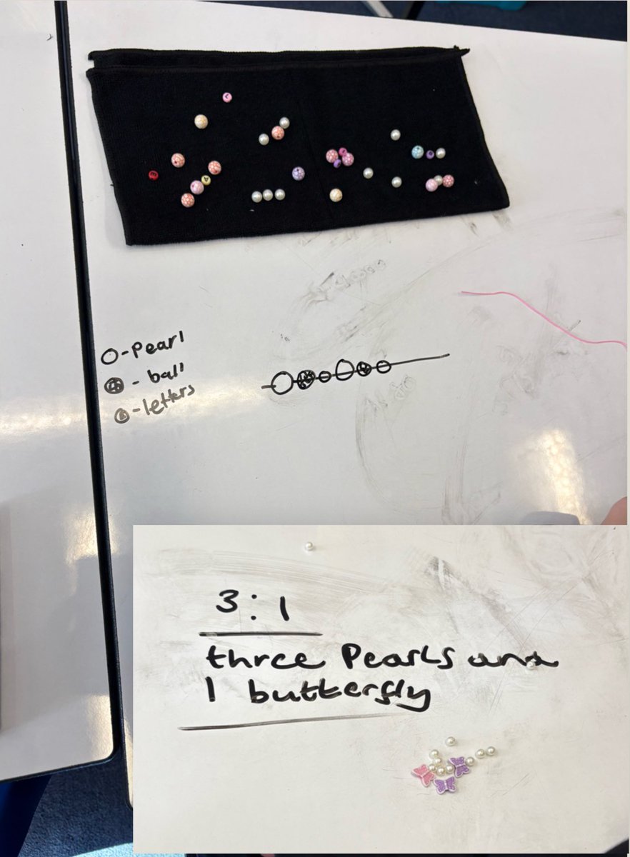 8A4 are creating  patterned jewellery using ratios with Mrs Dean this morning.

Here they are in the planning stage using their ratios to work out the number of each bead they will use so the proportions matched the ratios they had chosen:

<a href="/derbyhighbury/">The Derby High, Bury</a> <a href="/ManMetUni/">Manchester Metropolitan Uni</a> #handsonmaths