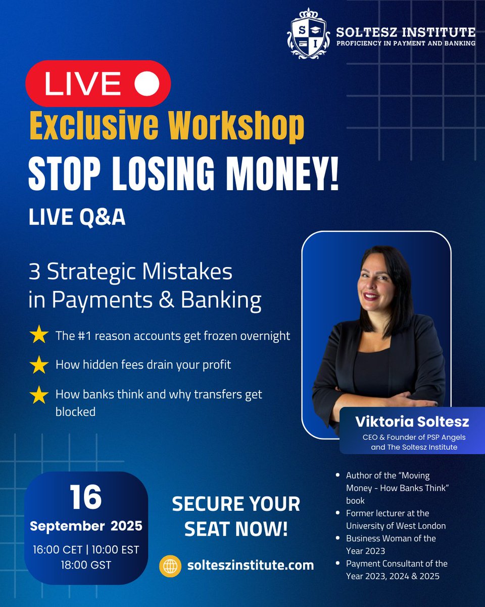 Join Viktoria next Tuesday for an exclusive workshop: "3 Strategic Mistakes in Payments &amp; Banking"

Secure your spot, and bring your questions!

Register now: linkedin.com/events/7370914…