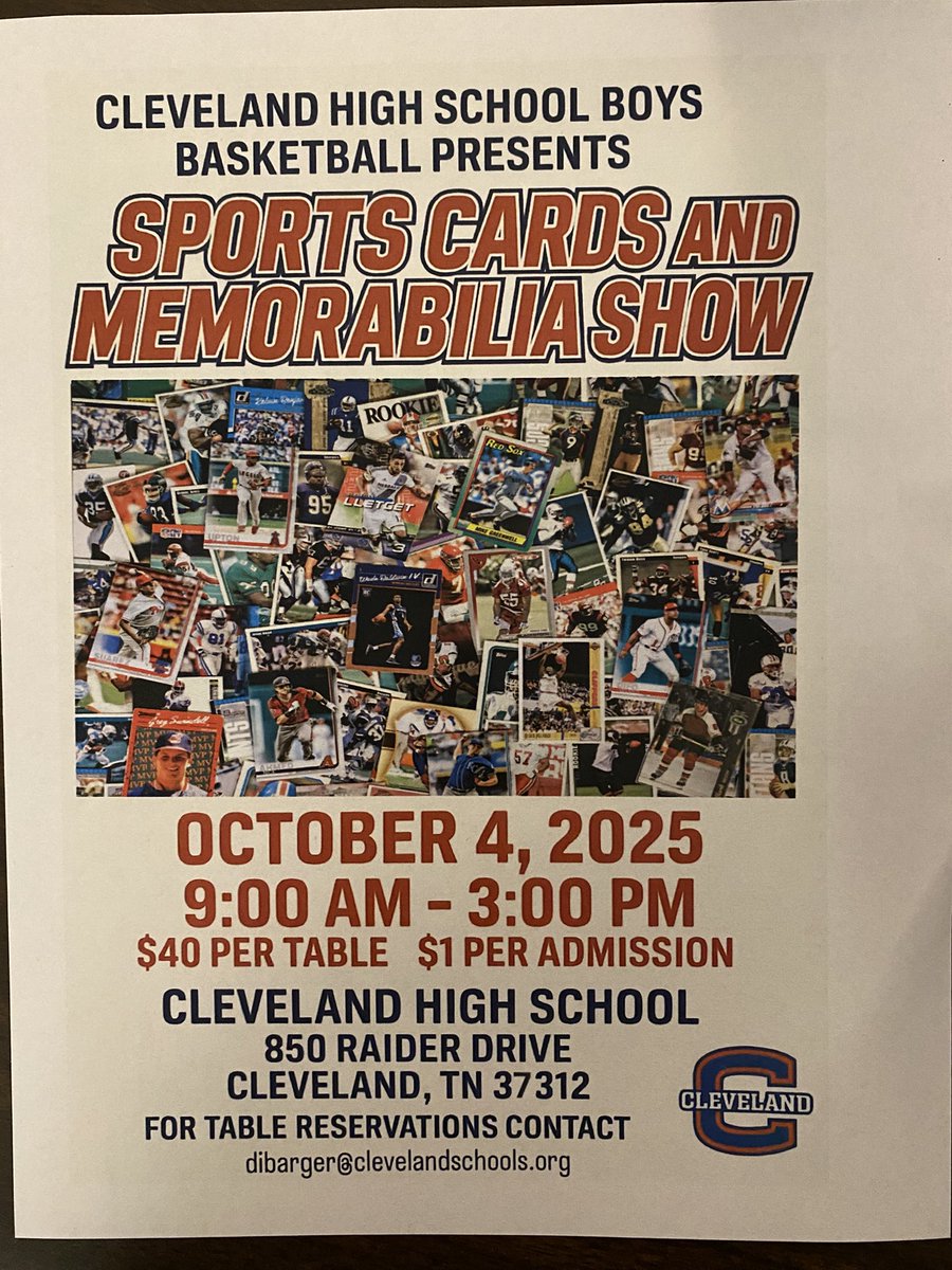 To all sports card  enthusiasts…Cleveland Boys Basketball is hosting a Sports Card and Memorabilia Show on Saturday, October 4. Reserve a table today