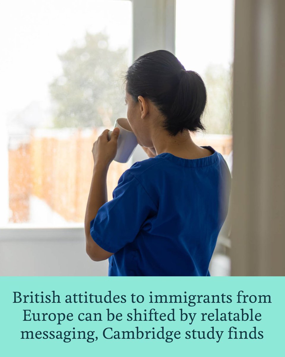 Cambridge_Uni's tweet photo. A short, relatable message about a migrant worker boosted positivity toward EU immigration by 20 points among UK voters.

The latest @CambPsych research suggests that pro-immigration arguments can be effective for the UK electorate 👇
https://t.co/KpERJHyNL9 https://t.co/WB3IwhyboQ