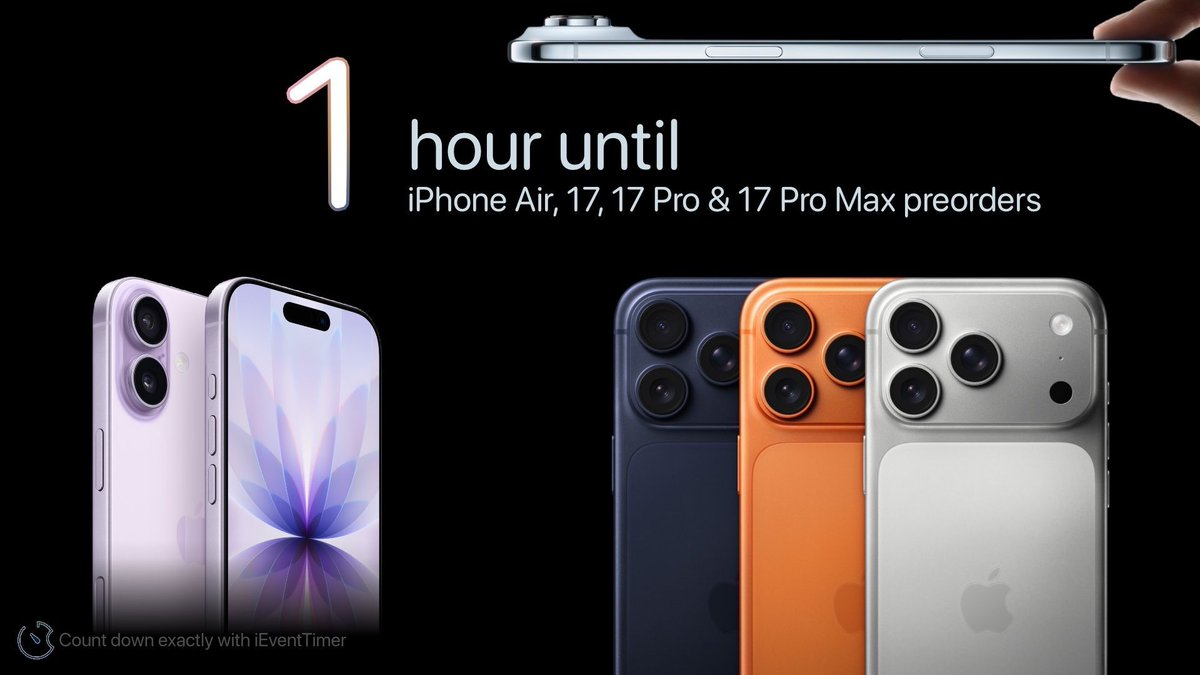 Just about one hour left until preorders for iPhone Air, iPhone 17, 17 Pro and Pro Max will start.

#AppleEvent