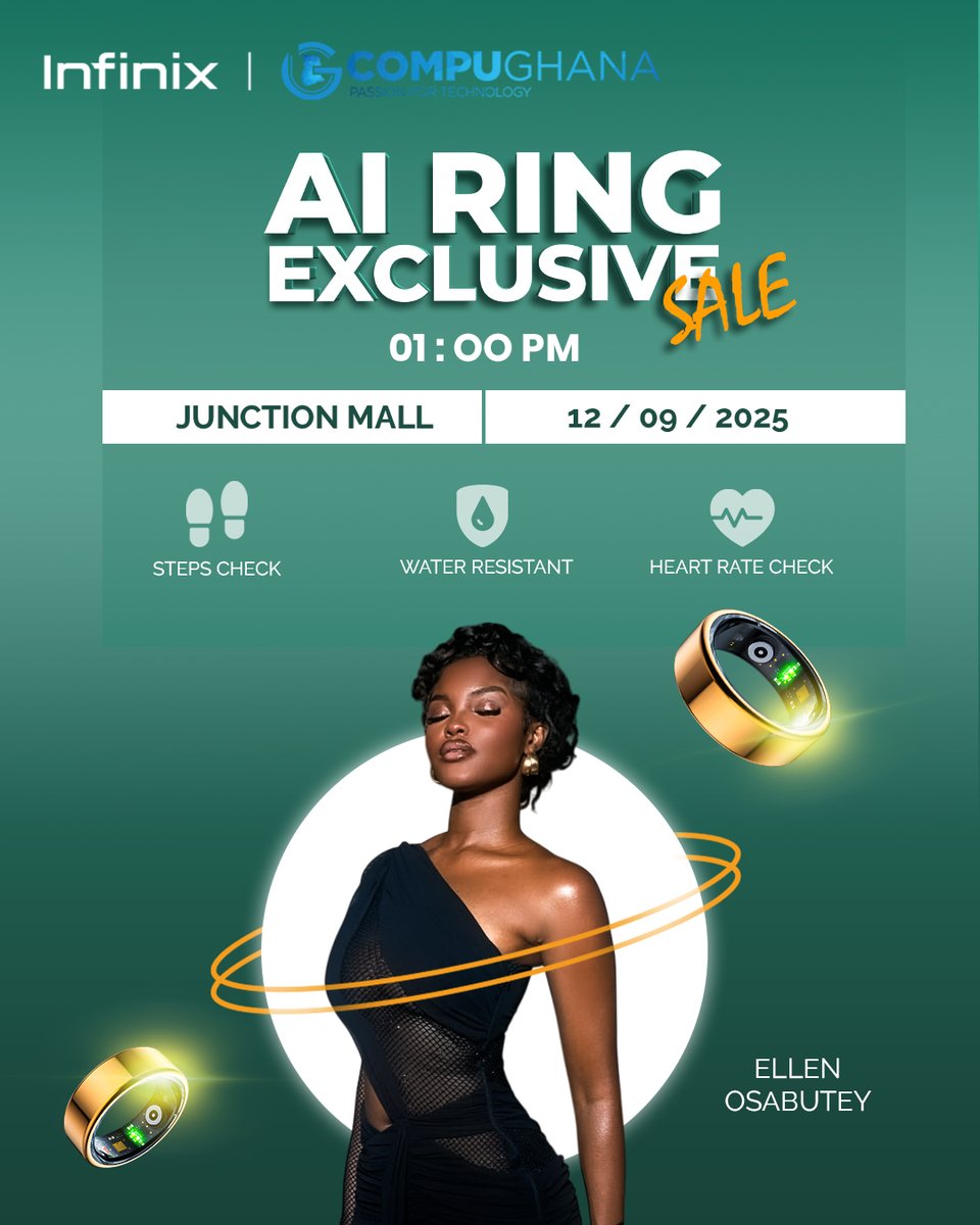 InfinixGhana's tweet photo. 🚨 Happening Today at Junction Mall! 
Joins us for the exclusive AI Health Ring activation with Ellen Osabutey 🥳 
Limited stock available, grab yours before it’s gone
#StyleYourHealth #XAIRing #SmartRing #NewTechnology #InfinixGhana #HOT60Series #Infinix #Technology #AI https://t.co/4ZxfDPSCsz