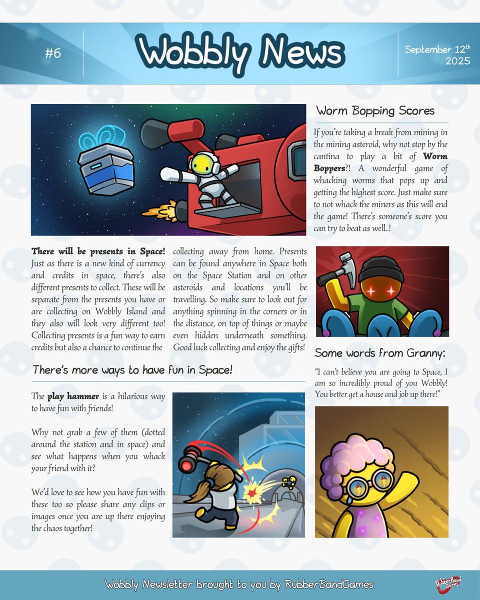 WobblyLifeDev's tweet image. This is our FINAL Newsletter before Space Update releases next week! 📰

We wanted to share a tiny last look at what Space will offer you, and this one shows you what fun activities you can get up to when you go to Space! ☺️

#WobblyLife #SpaceUpdate #Newsletter #IndieDev