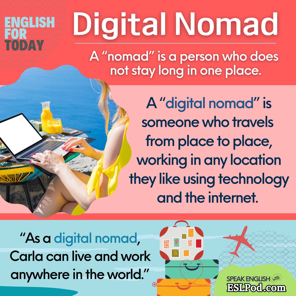 WHAT DOES "DIGITAL NOMAD" MEAN?

If you have an iPhone, iPad, or Mac, subscribe to our Apple Podcasts "Speak English with ESLPod.com" here:
podcasts.apple.com/us/podcast/spe…

~Jeff

#wordaday #eslpodcasts #eslpodcast #eslpod #freeenglish #englishlesson #learnenglishonline