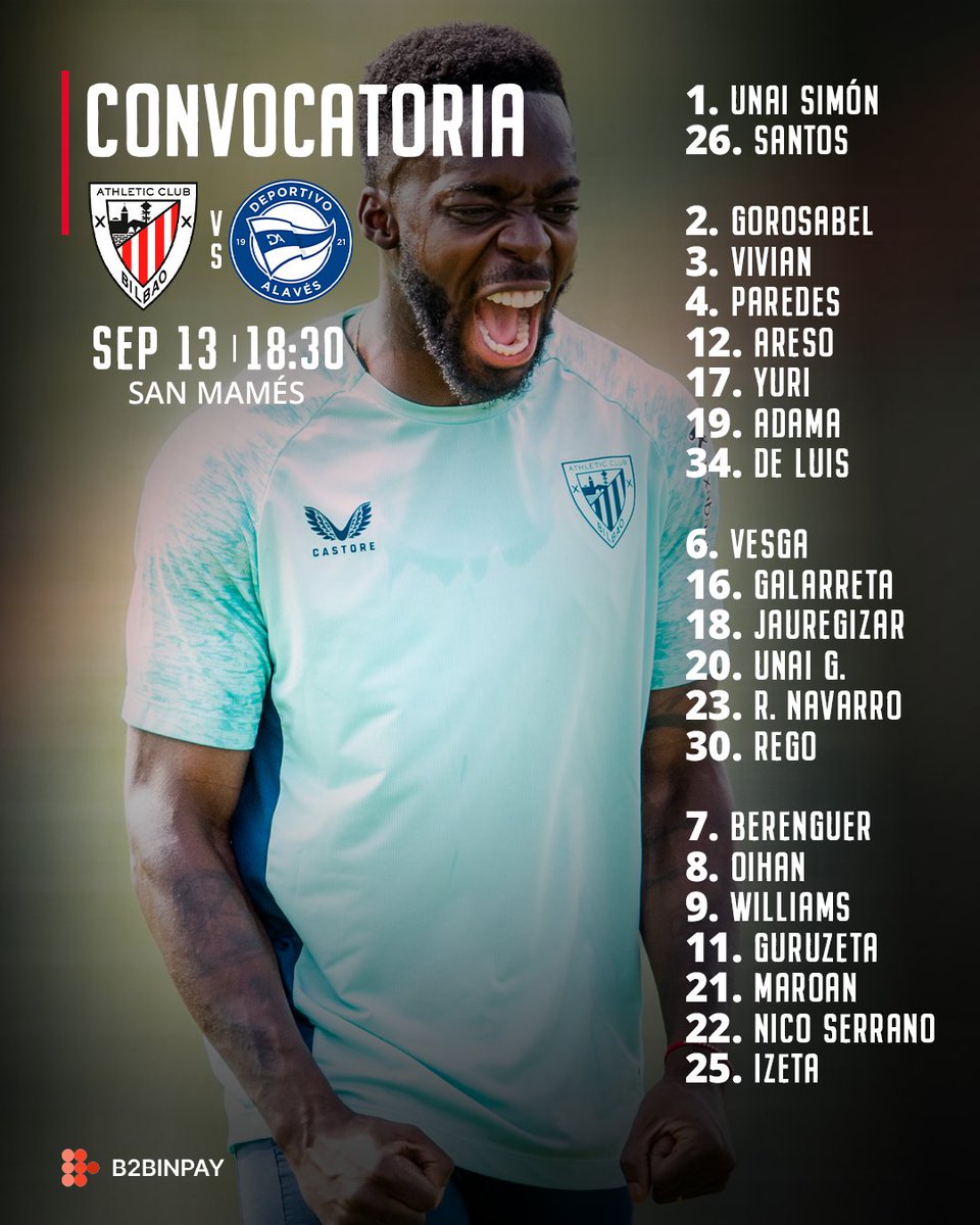 📋 CONVOCATORIA 🆚 <a href="/Alaves/">Deportivo Alavés</a> 

#AthleticAlavés #AthleticClub 🦁