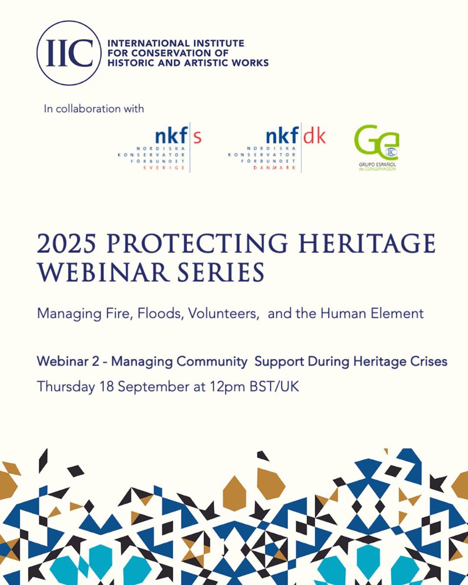Join us for session 2 of the 2025 Protecting Heritage webinar series, titled Managing Community Support During Heritage Crises.

More information: buff.ly/vR12Nk9

This is an IIC member and IIC Regional Group members-only event. 
Become a member: buff.ly/JXMKXPs