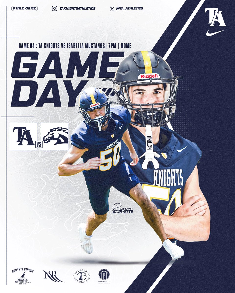 🏈 𝙃𝙊𝙈𝙀 𝙍𝙀𝙂𝙄𝙊𝙉 𝙋𝙇𝘼𝙔 🏈
First Region Home Game
Tuscaloosa Academy vs Isabella
Friday | September 12 | 7pm | Tuscaloosa
#TuscaloosaAcademy #RTGK