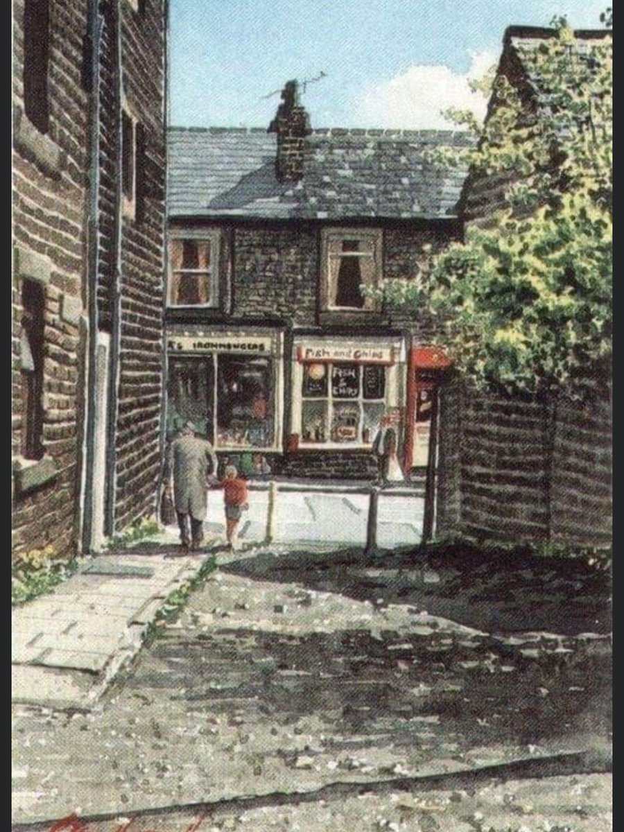 It’s Friday.  Fish and chip day
Times like this when I miss <a href="/GrimArtGroup/">Grim Art</a> 
Come back please.  
This is painted by Geoff Butterworth and the title 
‘Just Chips Please Grandad’