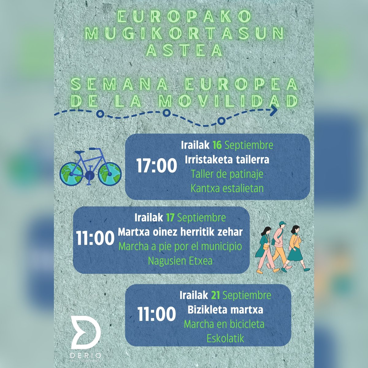 🚲🛼 Con motivo de la Semana Europea de la Movilidad, que se celebrará del 16 al 22 de septiembre, se han programado actividades para animar a la ciudadanía a desplazarse a pie, en bici o en patines. Se anima a toda la ciudadanía a participar.

💚#DerioCreceContigo