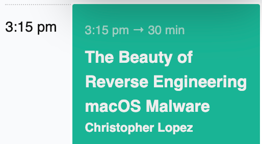 Giving a talk today at <a href="/BSidesRDU/">BSidesRDU</a> about reversing macOS malware. Excited to do a local event :)