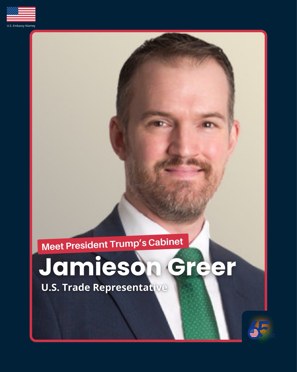 🇺🇸 Meet President Trump’s Cabinet: Jamieson Greer, U.S. Trade Representative! 🌐📈

A leading voice in international trade, Jamieson Greer now serves as the United States Trade Representative, bringing deep expertise and a record of delivering landmark trade agreements that