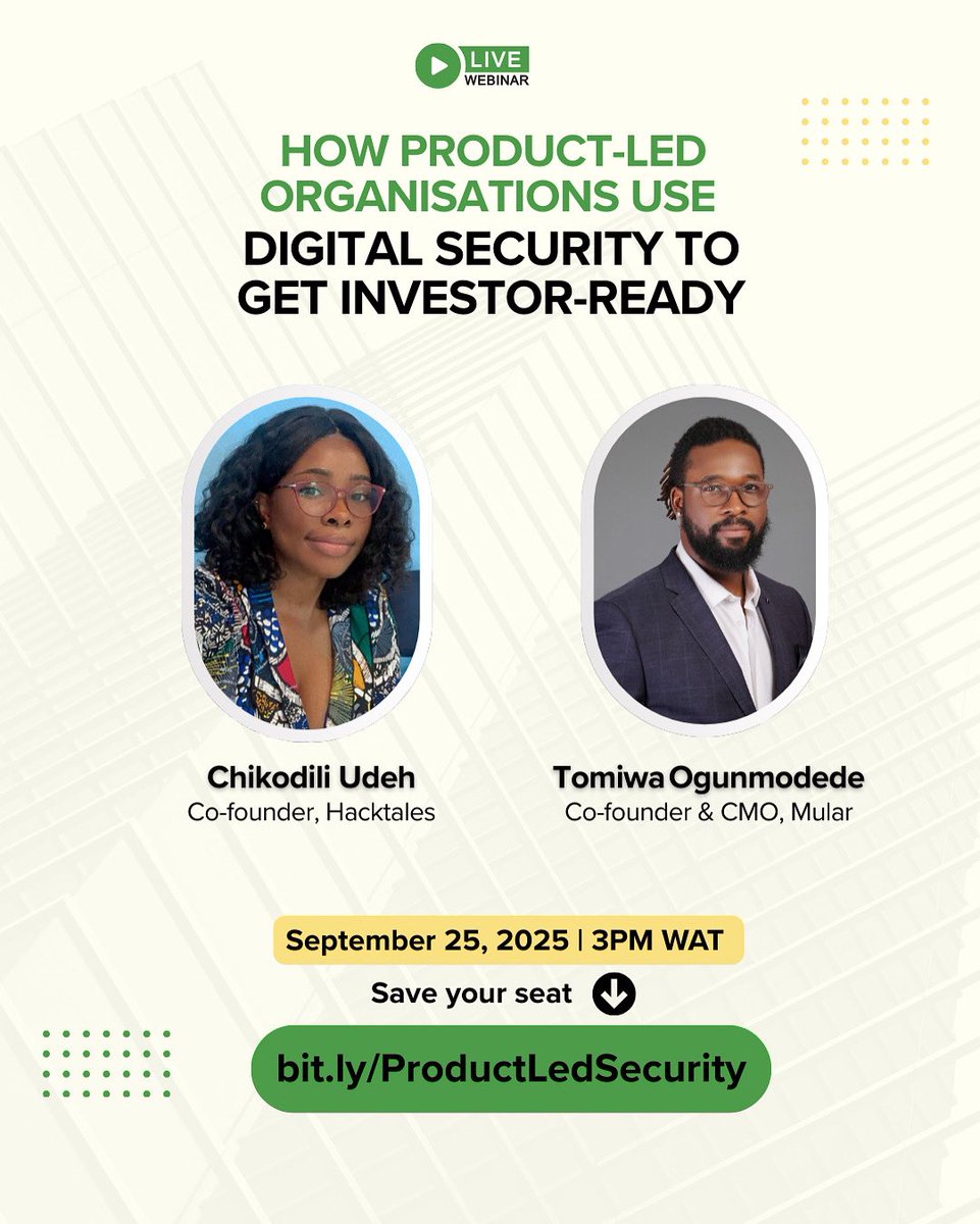 Webinar Alert!

Want to know how product-led organisations leverage digital security to attract investors and scale? 

Join us this Thursday, 25th September 2025 at 3PM WAT for an eye-opening session:

👉 “How Product-Led Organisations Use Digital Security to Get Investor-Ready”