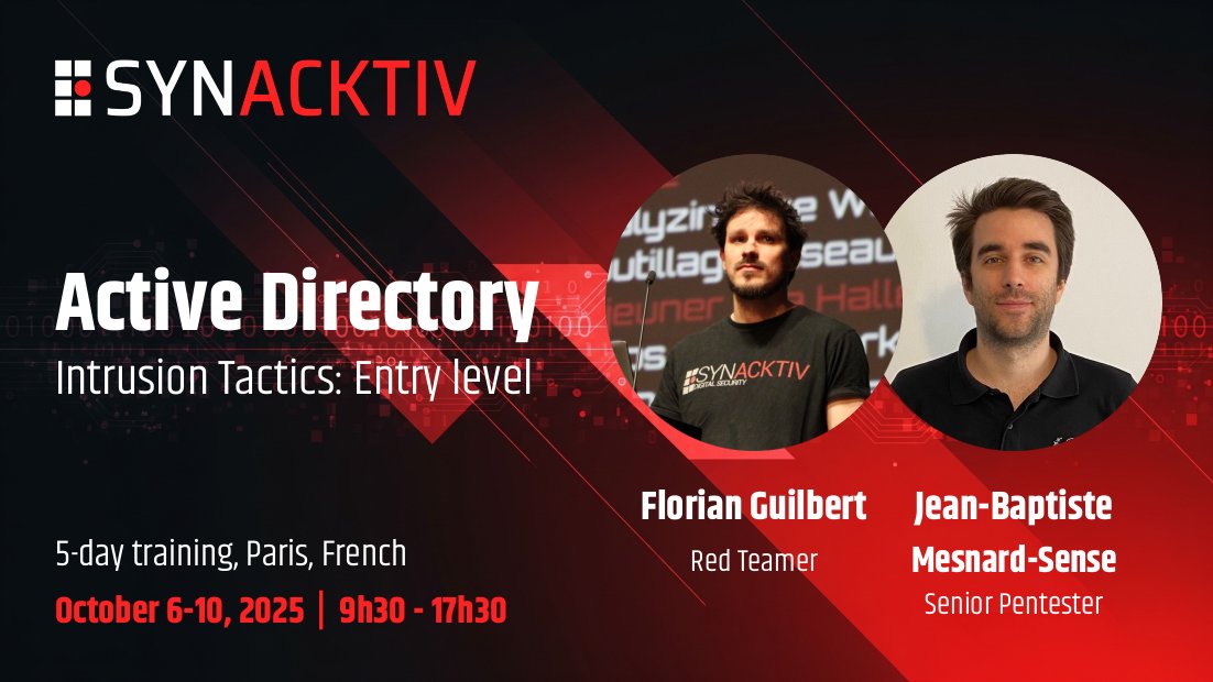 🧑‍🎓 Boost your offensive Active Directory skills with our Entry &amp; Advanced trainings. Hands-on labs with dozens of machines + latest research from DEFCON, x33fcon &amp; more! Seats are limited, don’t miss out!
🔗 Entry: synacktiv.com/en/offers/trai…
🔗 Advanced: synacktiv.com/en/offers/trai…