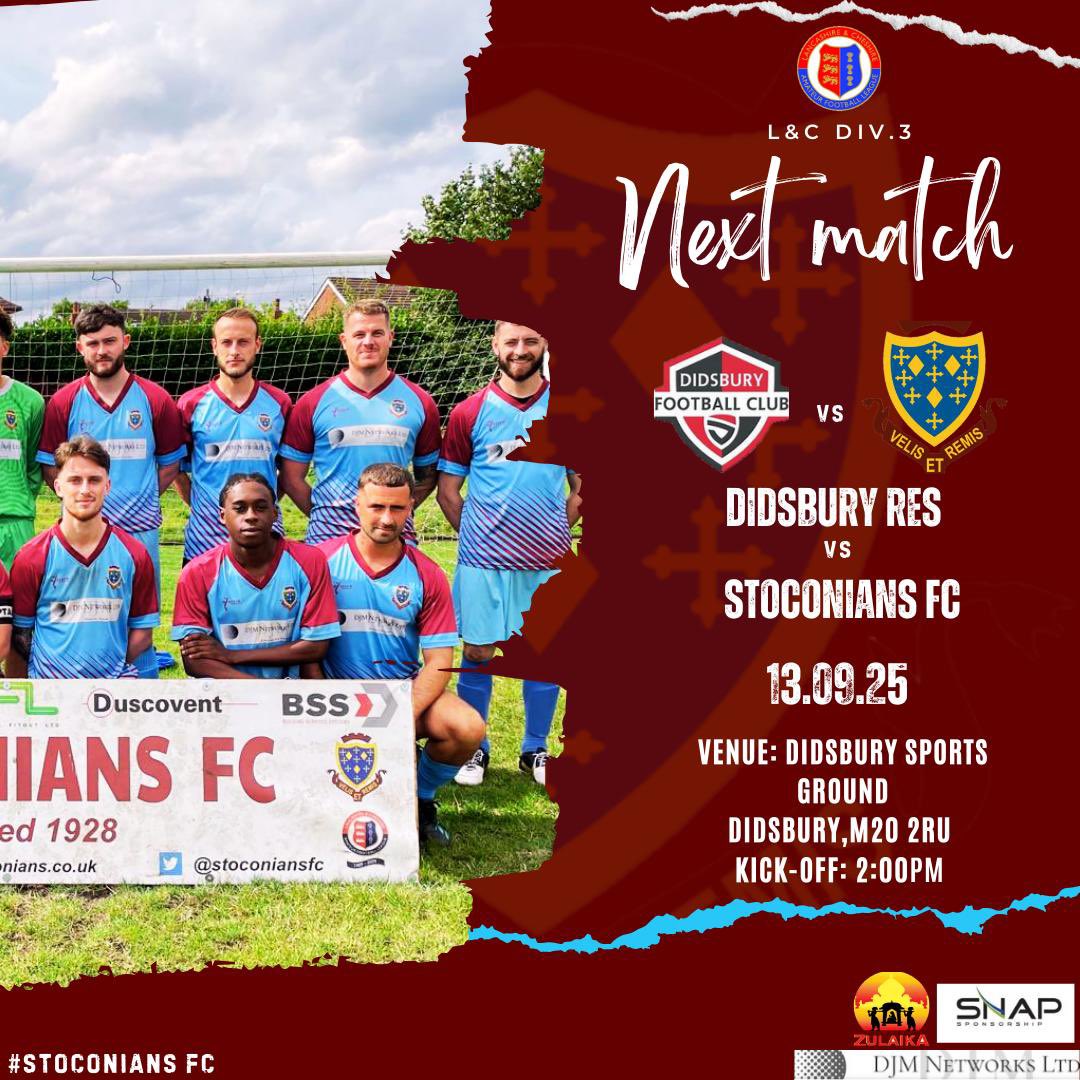 #DIDvSTO The 1st team are on their travels this weekend as they take on Didsbury Res at Didsbury Sports Ground, Ford Lane, M20 2RU. Kick-Off - 2.00pm 13/09/25. Get down and support the boys. Bar will be open! #stoconians <a href="/zulaikaindian/">Zulaika Stockport</a>