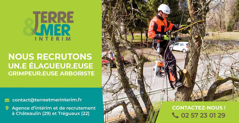 URGENT !! 
📢 OFFRE D'EMPLOI
Nous recrutons un #ELAGUEUR-#GRIMPEUR  (H/F) à #QUIMPER (29)
MISSION LONGUE DURÉE
 
Contactez-nous au 02 57 23 01 29 et envoyez votre CV à contact@terreetmerinterim.fr ou annonces-interim.bzh/terre--mer-int…
 
 À bientôt ! 😉
#Recrutement #Paysagisme #offredemploi