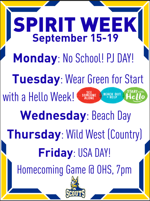 See below for next week's Start with Hello and Homecoming Spirit Week! 🐾👋