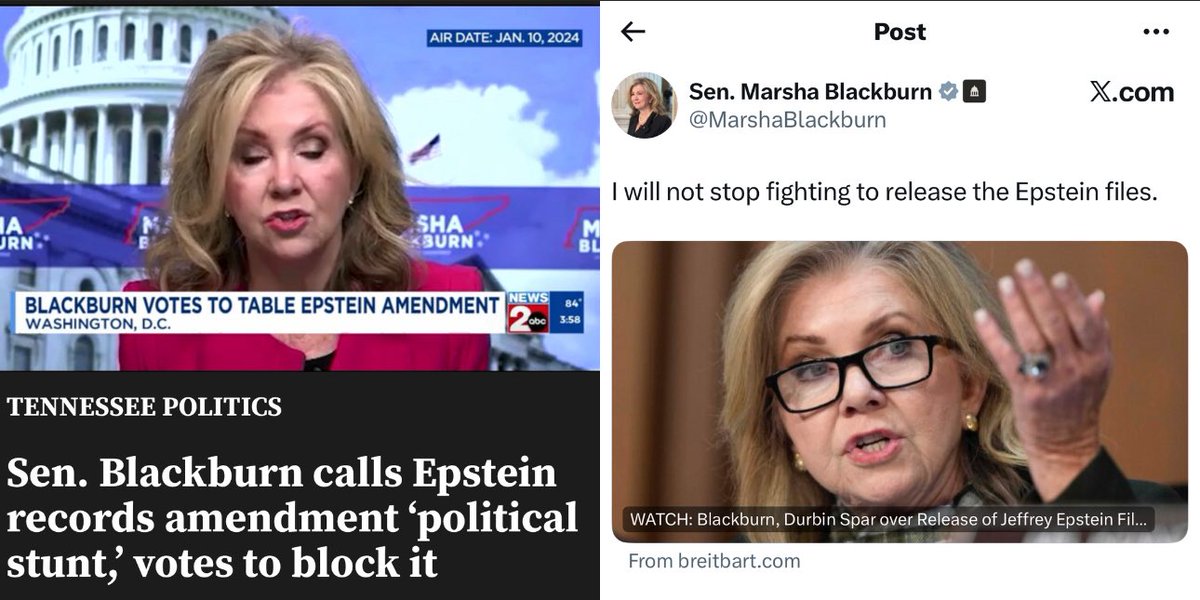 The Tennessee Holler (@thetnholler) on Twitter photo ICYMI — After years of pretending she would never stop fighting to get the Epstein files release, <a href="/MarshaBlackburn/">Sen. Marsha Blackburn</a> just voted not to release them.
Truly pathetic.
wkrn.com/news/tennessee… ICYMI — After years of pretending she would never stop fighting to get the Epstein files release, <a href="/MarshaBlackburn/">Sen. Marsha Blackburn</a> just voted not to release them.
Truly pathetic.
wkrn.com/news/tennessee…