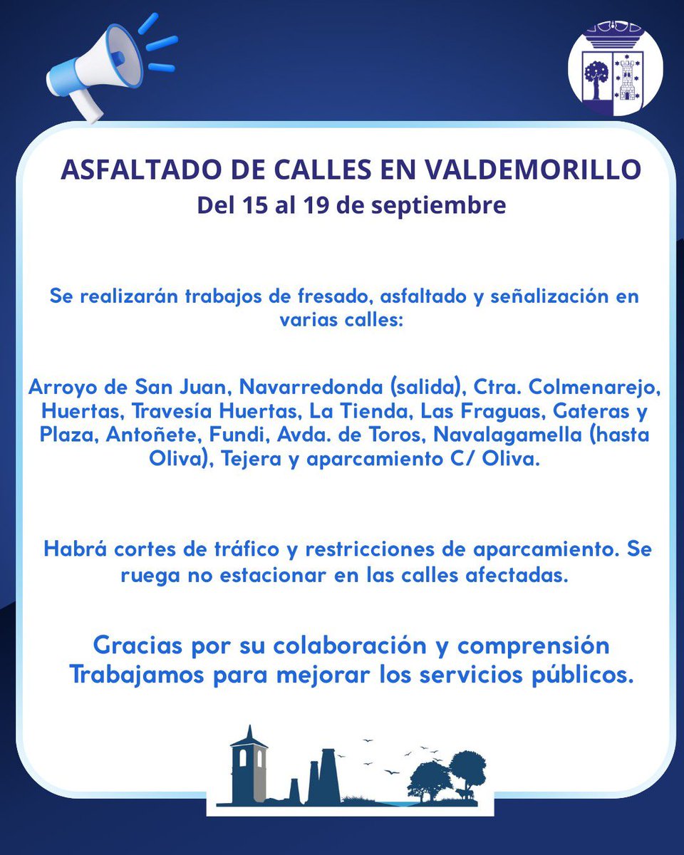 ⚠️Aviso importante¡ Desde el lunes 15 de septiembre¡ Nueva zona de actuación del Plan de Asfaltado 🚧🚧Atención a las calles donde se ejecutarán las obras y a los cortes y restricciones de tráfico. Gracias por colaborar¡¡