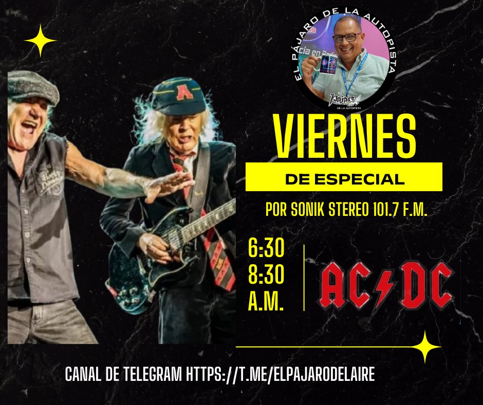 #PájaroDeLaAutopista (@nestor1ramirez) on Twitter photo Hoy #12sep en #DesdeLaCabina con #ElPájaroDeLaAutopista por <a href="/SonikStereo1017/">SonikStereo1017</a> estamos en Viernes de Especial con #ACDC.
Disfruta de su música y la historia de su vida
6:30 a.m. a 8:30 a.m.
Canal de Telegram:
Https: //T.ME/ELPAJARODELAIRE Hoy #12sep en #DesdeLaCabina con #ElPájaroDeLaAutopista por <a href="/SonikStereo1017/">SonikStereo1017</a> estamos en Viernes de Especial con #ACDC.
Disfruta de su música y la historia de su vida
6:30 a.m. a 8:30 a.m.
Canal de Telegram:
Https: //T.ME/ELPAJARODELAIRE
