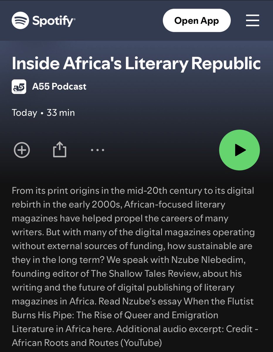 NzubeNlebedim's tweet photo. Finally out! Take a moment to listen to my conversation with @niismart of the @A55Pod on my personal writing and work with @ShallowTales. 
https://t.co/SSanLh7lol https://t.co/MPLgkroWIO