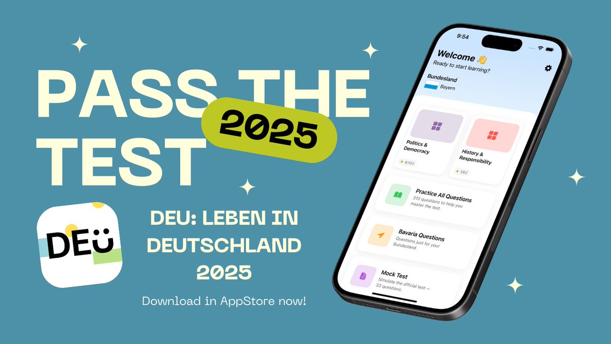 saradrada's tweet photo. Planning to apply for citizenship?

Stop stressing over the Einbürgerungstest and start practicing smarter.

🇩🇪 310+ official questions
📘 Mock tests that feel real
📊 Track your progress

🎉 Download now: https://t.co/oxnRAxOsYt

#citizenship #Germany #lebenindeutschland https://t.co/0vIZnLCHh2