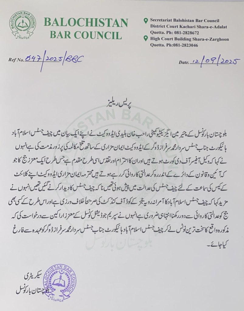 Grateful to Balochistan Bar Council for its strong condemnation of CJ IHC’s remarks