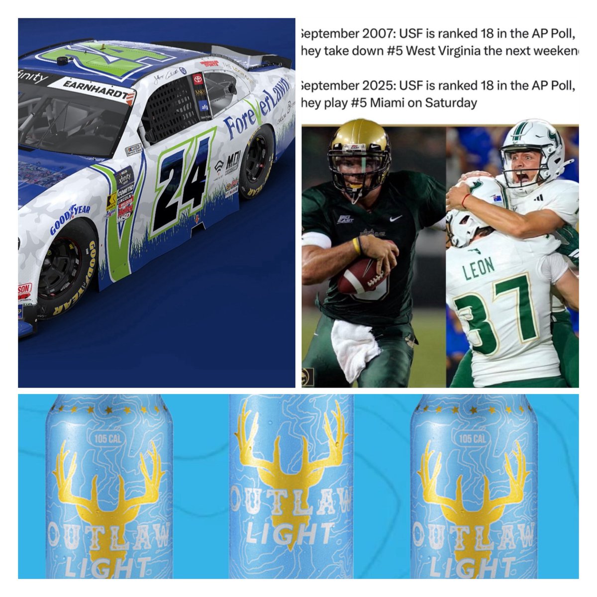 rangle22's tweet image. What a weekend it’s going to be …my favorite driver @JEarnhardt1 is back on track for @TeamFLRacing @foreverlawninc and my  @USFFootball Bulls are taking on UM!  I may partake in a few @outlawlightbeer while watching!!!