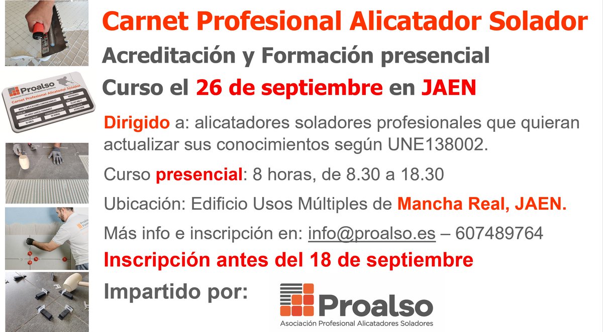 Proalso's tweet image. Nueva convocatoria de formación en Jaen: Curso para la obtención del Carnet Profesional Alicatador Solador. Si estás interesado y eres de la zona, aprovecha la ocación para actualizar tus conocimientos en instalación de revestimientos cerámicos. Info: n9.cl/twhb1