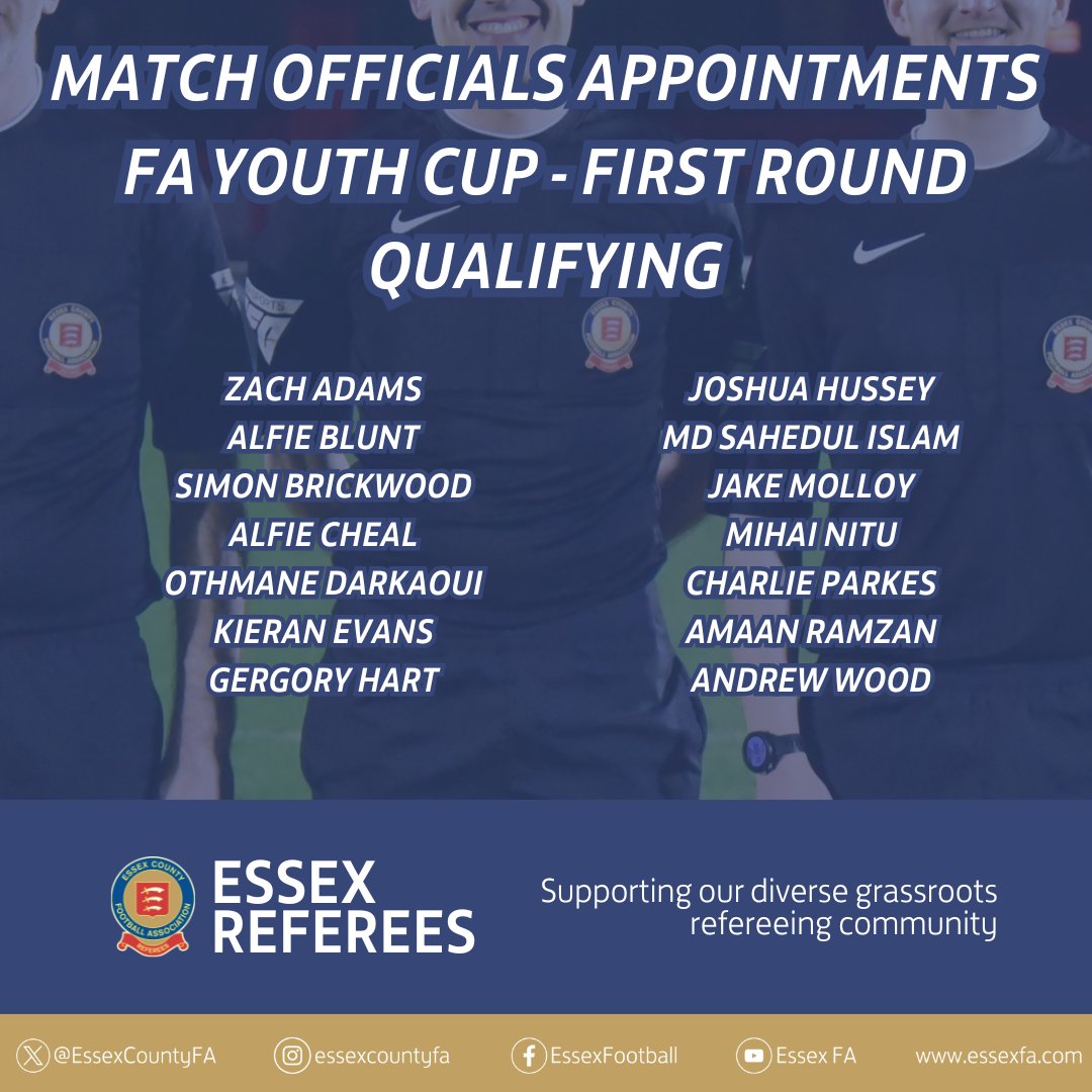 🏆Congratulations to the 1⃣4⃣ <a href="/EssexCountyFA/">Essex County FA</a> Match Officials who have seen themselves appointed on fixtures in the First Round Qualifying of the FA Youth Cup!