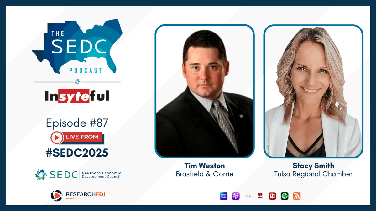 Southern Economic Development Council (@sedcouncil) on Twitter photo The SEDC Podcast Presented by Insyteful was live from #SEDC2025. Check out great interviews with Tim Weston of Brasfield & Gorrie, LLC and Stacy Smith of the Tulsa Regional Chamber. Listen at ow.ly/hh9t50WVHlB. The SEDC Podcast Presented by Insyteful was live from #SEDC2025. Check out great interviews with Tim Weston of Brasfield & Gorrie, LLC and Stacy Smith of the Tulsa Regional Chamber. Listen at ow.ly/hh9t50WVHlB.