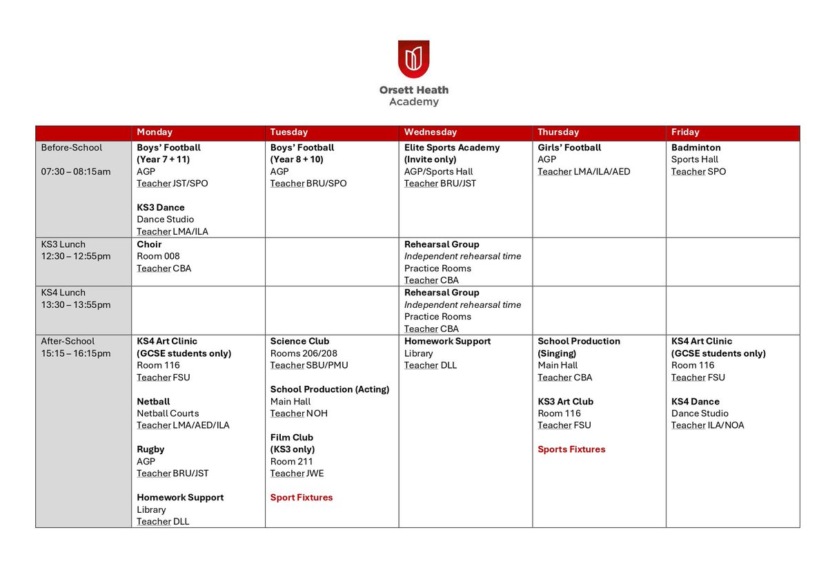 ⚽️🎶🎨🏉 Extra Curricular Clubs for Autumn Term 🎭🩰🏸🔬

Clubs start on Monday 15th September.
No sign-up is required.

Please note: Year 11 Revision/Intervention sessions are not included, and will be released next Wednesday during Y11 Parent Support Evening.