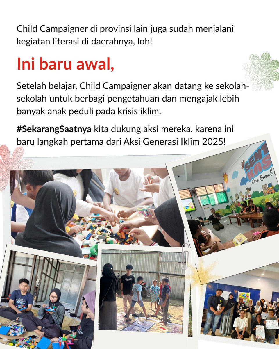 Child Campaigner dari berbagai daerah lagi bermain sambil belajar, nih!

Mereka memahami isu iklim di sekitar mereka dengan cara yang asyik dan seru: ada yang diskusi bareng komunitas, ada yang ikut field trip, ada juga yang main LEGO untuk menemukan solusi.

Dari sini, mereka