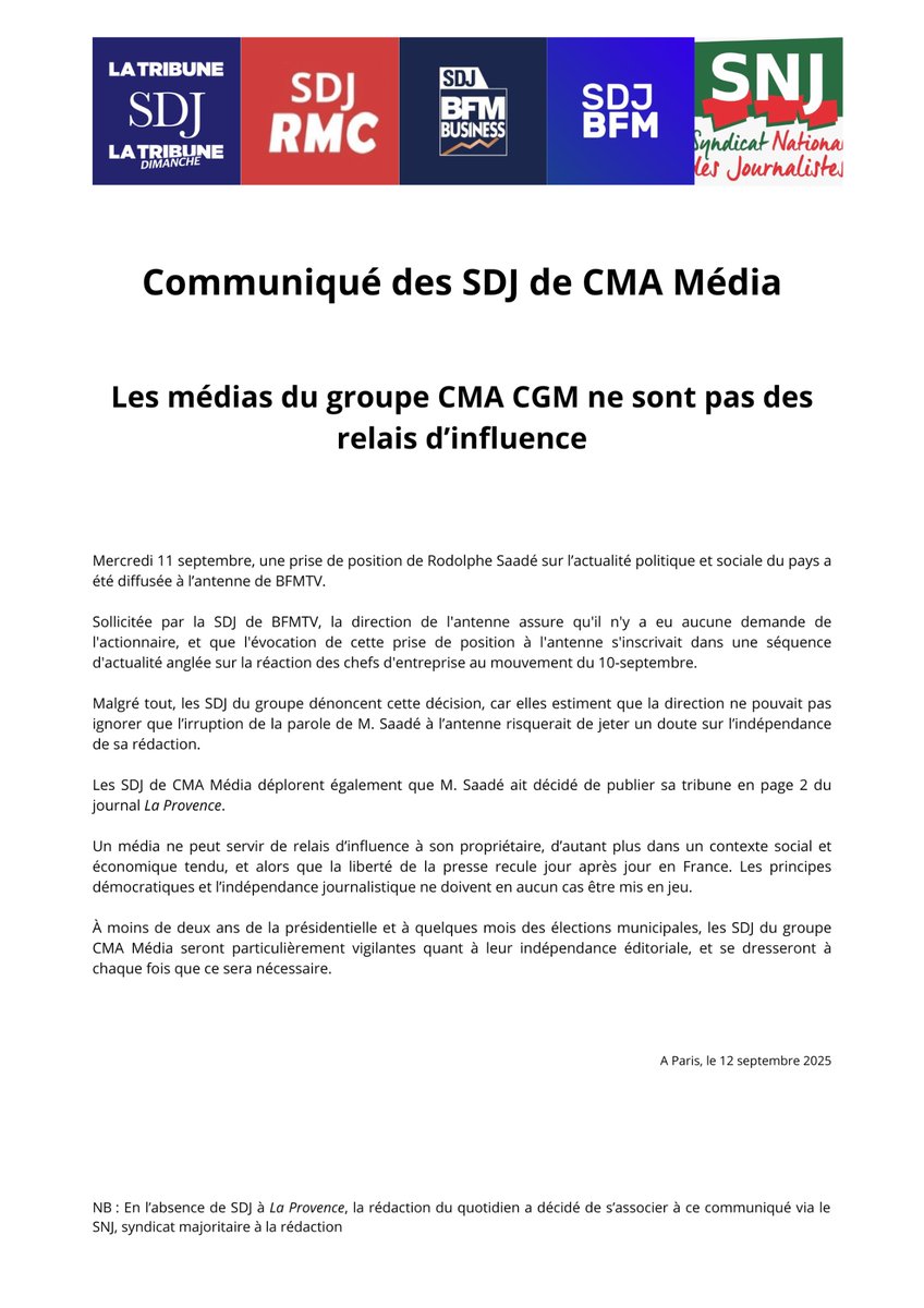 Les médias du groupe CMA CGM ne sont pas des relais d’influence - Communiqué des SDJ de CMA Média - <a href="/RmcSdj/">SDJ RMC</a> <a href="/BfmSdj/">SDJ BFM BUSINESS</a> <a href="/SDJLaTribune/">SDJ de La Tribune</a> <a href="/SNJ_national/">SNJ - premier syndicat de journalistes</a>