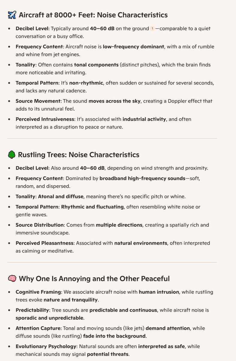 Characteristics of Aircraft Noise and the rustle of leaves by a tree.  Both are 40-60 dBs, which isn't that loud.  
One's restful the other being very annoying and here is why.... 

Science could address this but 1st  the Aviation noise regulation exemptions need to be reversed.