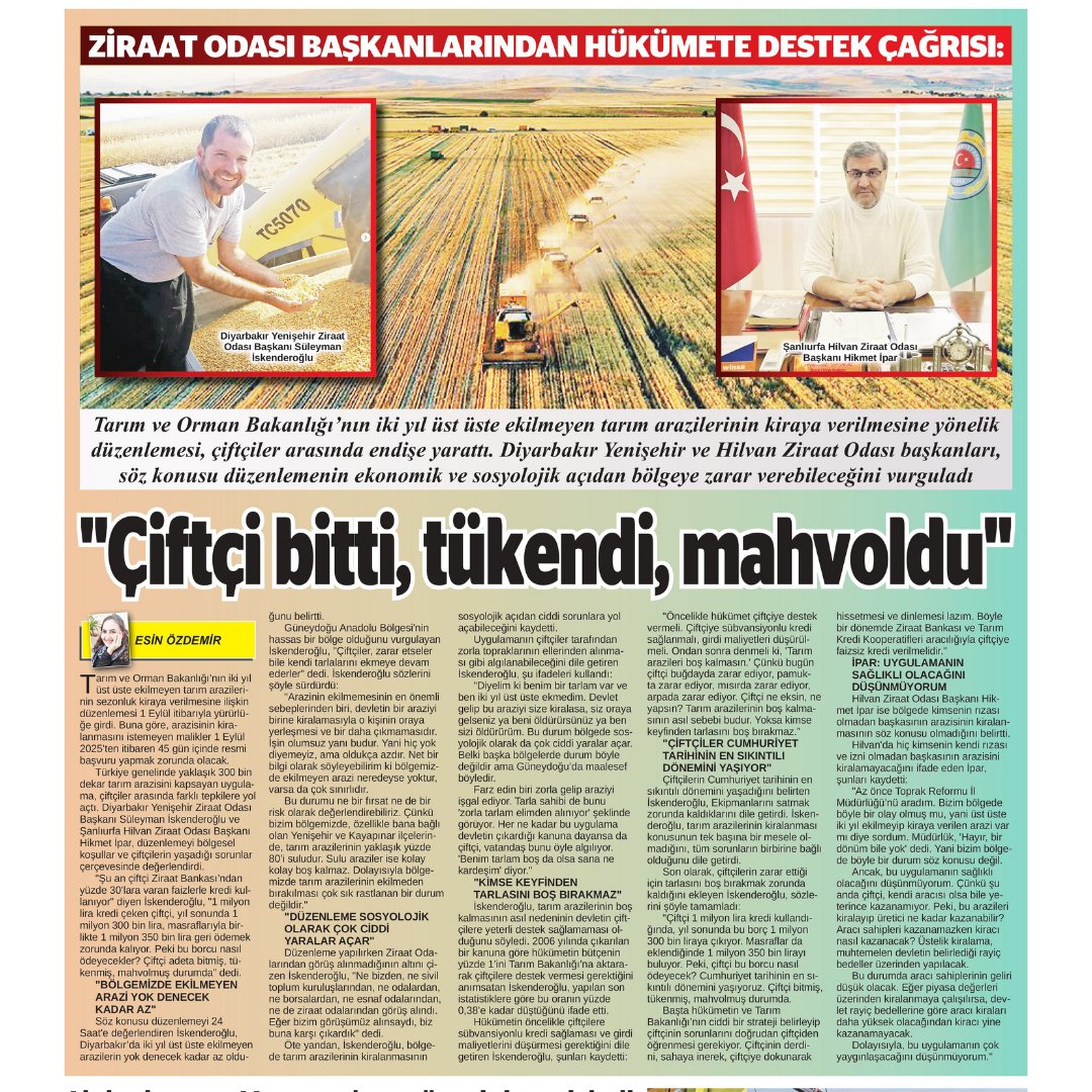 <a href="/Cemiyet1946/">Gazeteciler Cemiyeti</a> <a href="/9uncukoyorg/">9.Köy</a> <a href="/Democracy4Media/">Media4Democracy</a> ÖZEL HABER | Esin Özdemir    

Ziraat odası başkanından hükümete destek çağrısı: "Çiftçi bitti, tükendi, mahvoldu"  

24saatgazetesi.com/ciftci-cumhuri…

 #Hilvan #Şanlıurfa #Diyarbakır #Yenişehir #tarım #çiftçi #kredi #arazi
<a href="/hikmetipar/">Hikmet İPAR</a> <a href="/suleymaniskende/">Süleyman İskenderoğlu</a> <a href="/yenisehir212/">Diyarbakır Yenişehir Ziraat Odası Başkanlığı</a> <a href="/esinozdemir__/">Esin Özdemir</a>