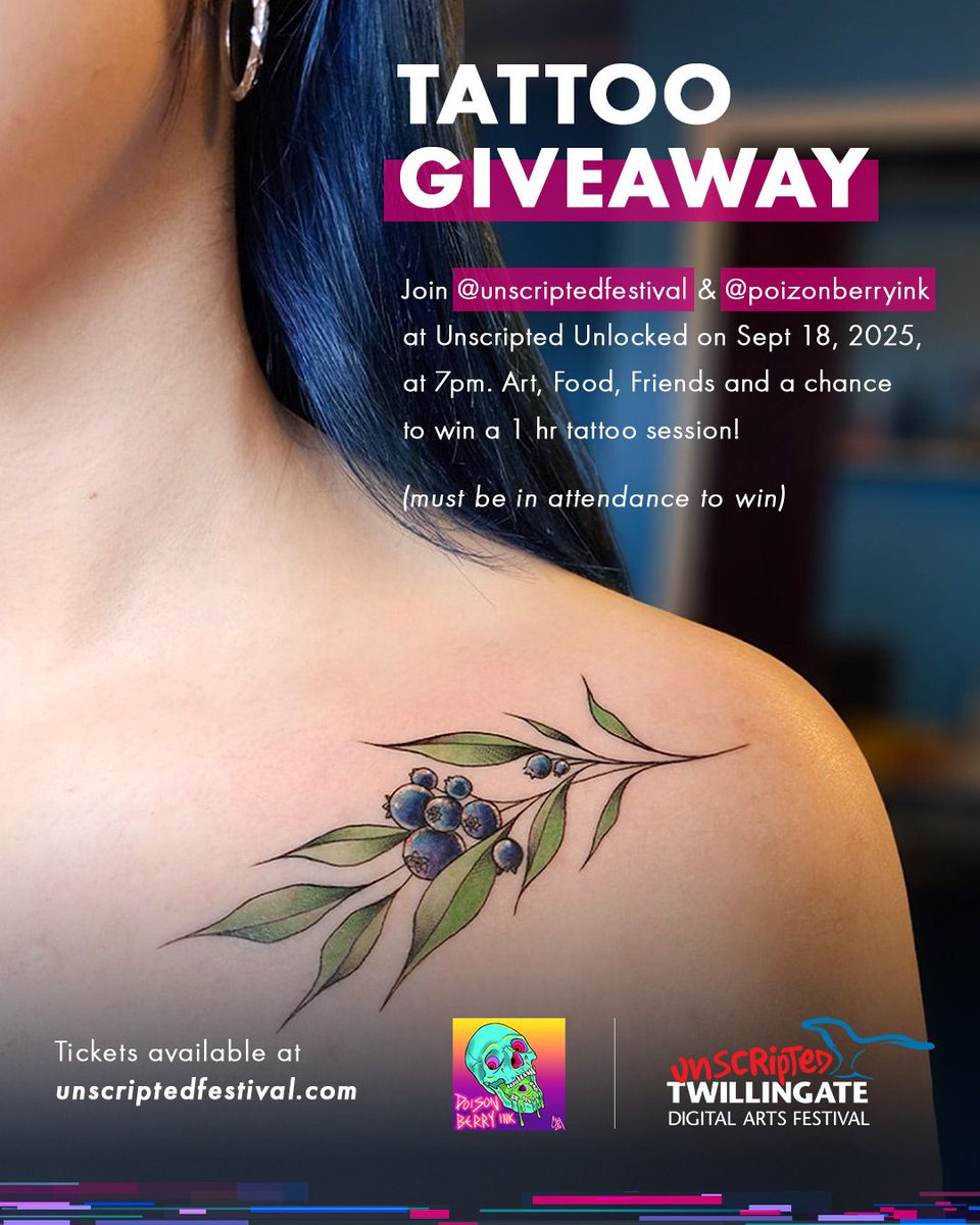 UnscriptedF's tweet image. We’re teaming up with @poizonberryink to bring something extra to Unscripted Unlocked! Join us Sept 18 at 7pm for a chance to win a 1 hr tattoo session.

You have to be there to win. Don’t miss it!
🎟 Tickets: bit.ly/3JWhf52

#Unscripted2025