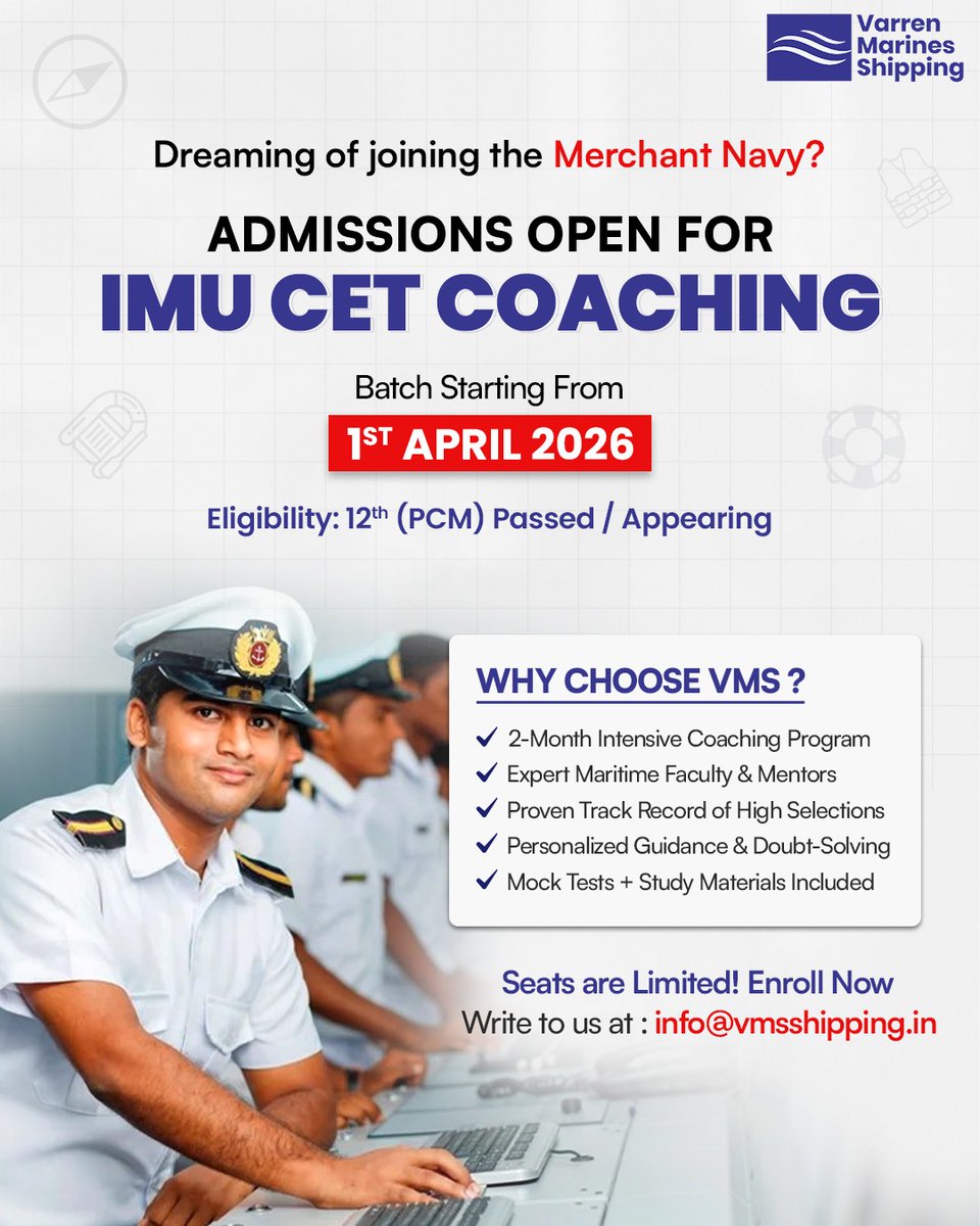 vmsshipping's tweet photo. Want to crack IMU-CET 2026 and join the Merchant Navy?

📅 Batch starts 1st April 2026
📍 Limited Seats – Enroll Now!
📩 info@vmsshipping.in

#imucet #imucet2026 #imucetcoaching #imucetexam #merchantnavy #merchantnavycoaching #merchantnavyexam #imucetclasses #imucetpreparation https://t.co/SCneO3PHNh