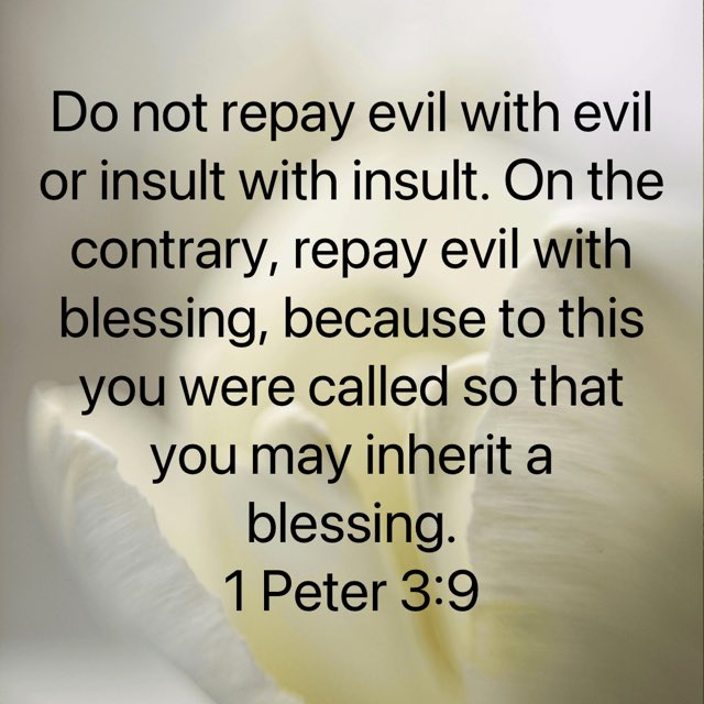 “Do not repay evil with evil or insult with insult. On the contrary, repay evil with blessing, because to this you were called so that you may inherit a blessing.”
1 Peter 3:9 NIV