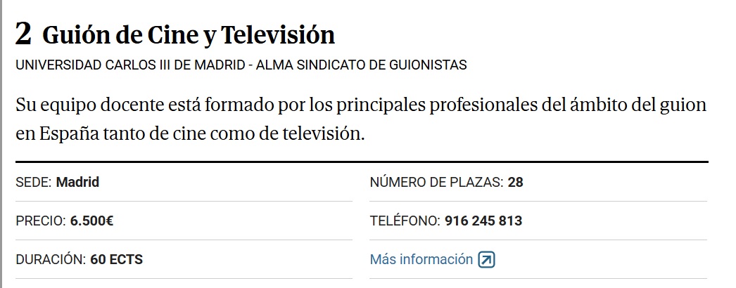 El próximo lunes comienza la 19ª edición de nuestro máster con la Universidad Carlos III de Madrid <a href="/MsterGuinCineTv/">MásterGuiónUC3M_ALMA</a>, que ha vuelto a ser elegido mejor máster de guión (y segundo de audiovisual de todo el país) por el <a href="/elmundoes/">EL MUNDO</a>: elmundo.es/especiales/mej… 1/3