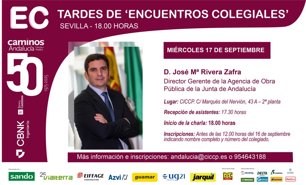 CICCP Andalucia (@ciccpdemandaluc) on Twitter photo Encuentro colegial con el director gerente de <a href="/aopandalucia/">AOPA Andalucía</a>
🗓️ miércoles 17 de septiembre
⏰18.00 horas inicio de la charla (a las 17.30 horas empieza la recepción de asistentes)
🏨 Oficina CICCP #Sevilla
Plazas limitadas - Necesaria inscripción
+info:
caminosandalucia.es/agenda/tardes-… Encuentro colegial con el director gerente de <a href="/aopandalucia/">AOPA Andalucía</a>
🗓️ miércoles 17 de septiembre
⏰18.00 horas inicio de la charla (a las 17.30 horas empieza la recepción de asistentes)
🏨 Oficina CICCP #Sevilla
Plazas limitadas - Necesaria inscripción
+info:
caminosandalucia.es/agenda/tardes-…