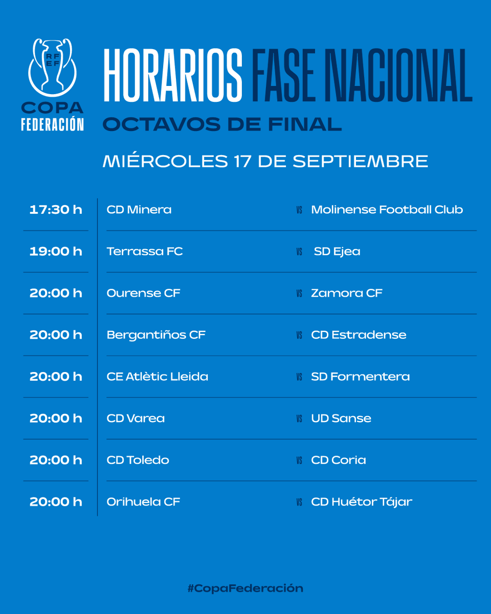 ✅⏰ 𝗛𝗢𝗥𝗔𝗥𝗜𝗢𝗦 confirmados para los 𝗼𝗰𝘁𝗮𝘃𝗼𝘀 𝗱𝗲 𝗳𝗶𝗻𝗮𝗹 de la #CopaFederación.  

Todos los encuentros se llevarán a cabo el próximo 𝟭𝟳 𝗱𝗲 𝘀𝗲𝗽𝘁𝗶𝗲𝗺𝗯𝗿𝗲.