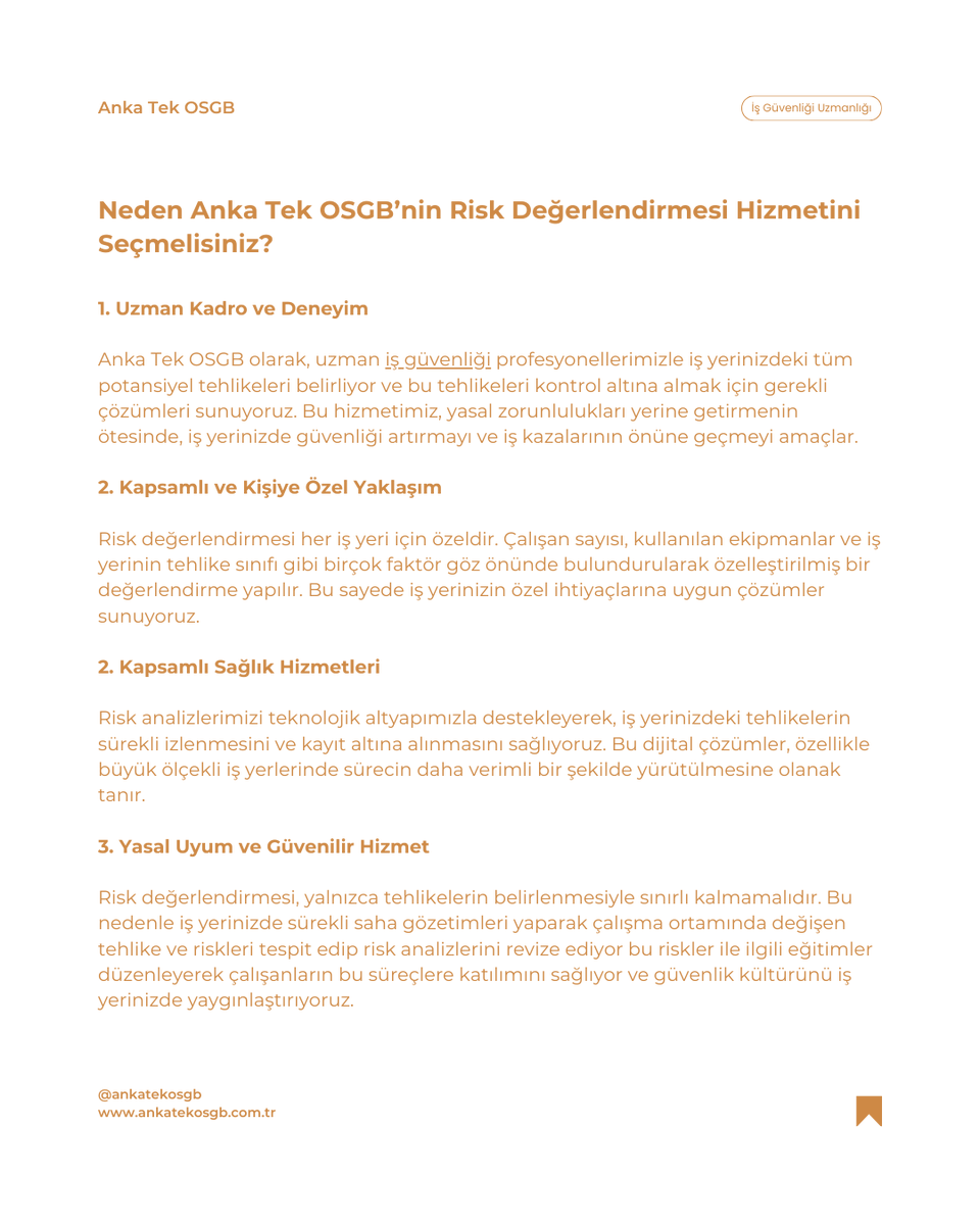 İş yerinizdeki riskleri yönetmek, çalışanlarınızın güvenliğini sağlamanın ve yasal yükümlülükleri yerine getirmenin ilk adımıdır. 📋

Güvenli bir çalışma ortamı için profesyonel destek alın!

Detaylı bilgi ve hizmetlerimiz için bize ulaşın. 
🌐 ankatekosgb.com.tr