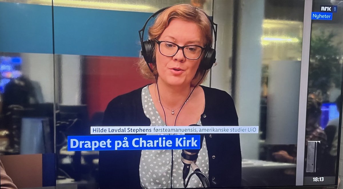 This is Hilde Løvdal Stephens. 

She is an Associate Professor at the University of Oslo. She code to compare Charlie Kirk to Anders Behring Breivik, prime time, on NRK’s Dax18. 

She compares Charlie Kirk to a massmurderer and terrorist. 

Now, this isn’t unusual in Norway. To