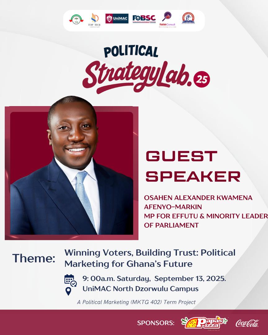 We are honored to welcome Hon. <a href="/AfenyoMarkin/">Osahen Alexander Kwamena Afenyo-Markin</a>, MP for Effutu &amp; Minority Leader of Parliament, as our Guest Speaker at the #UniMACPoliticalStrategyLab25

Date: Saturday, 13th September 2025
Time: 9:00 AM 
Venue: UniMAC North Dzorwulu Campus