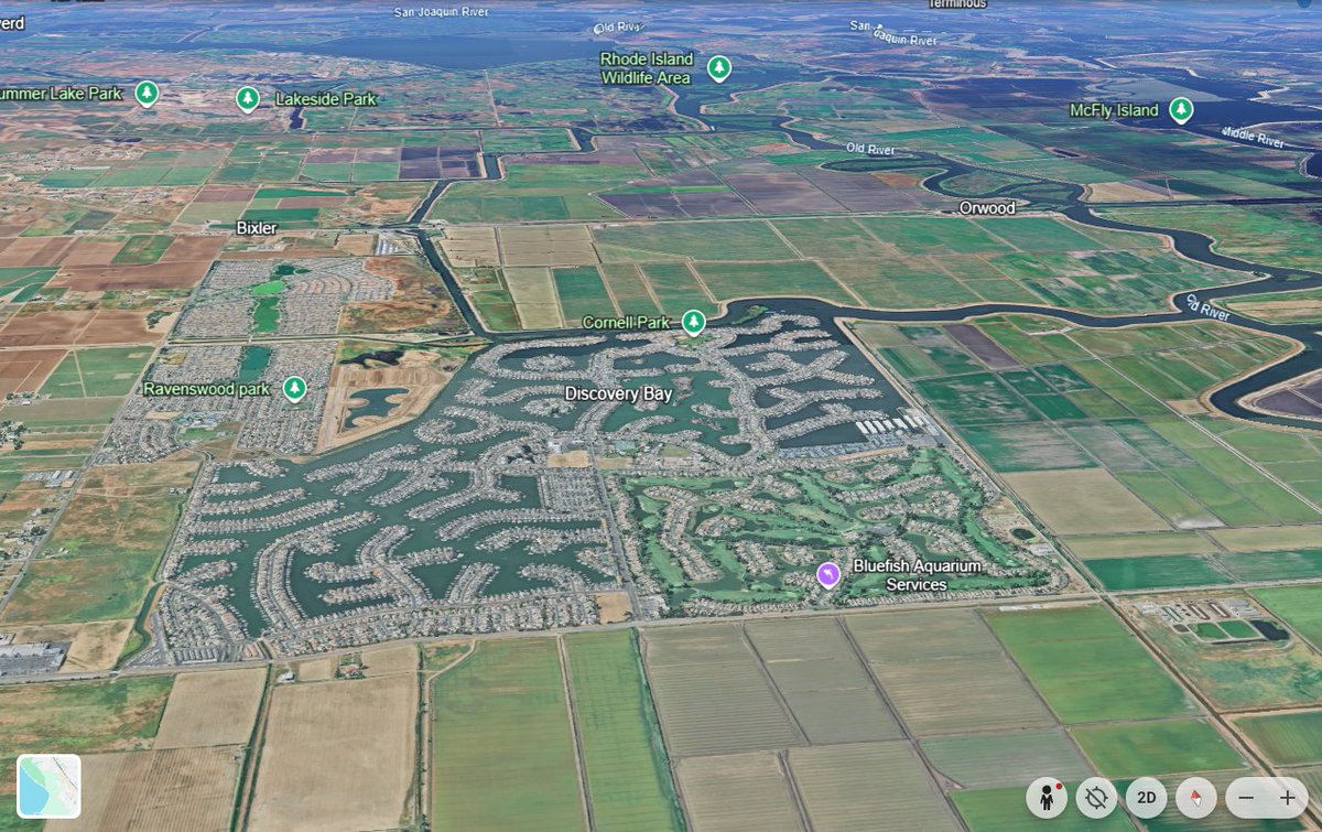 I just found a little bit of Florida in the middle of Californian farmlands.

The rivers lead to the San Francisco bay.