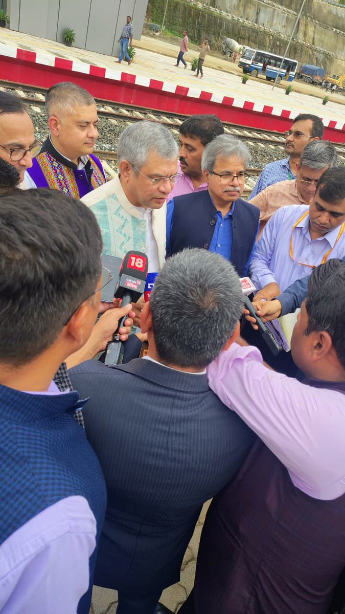 RailMinIndia's tweet photo. Hon’ble MR @AshwiniVaishnaw visited Sairang Railway Station, Mizoram and interacted with the media about the importance of the Bairabi-Sairang Rail Line ahead of its inauguration.

#RailInfra4NorthEast #Rail2Mizoram