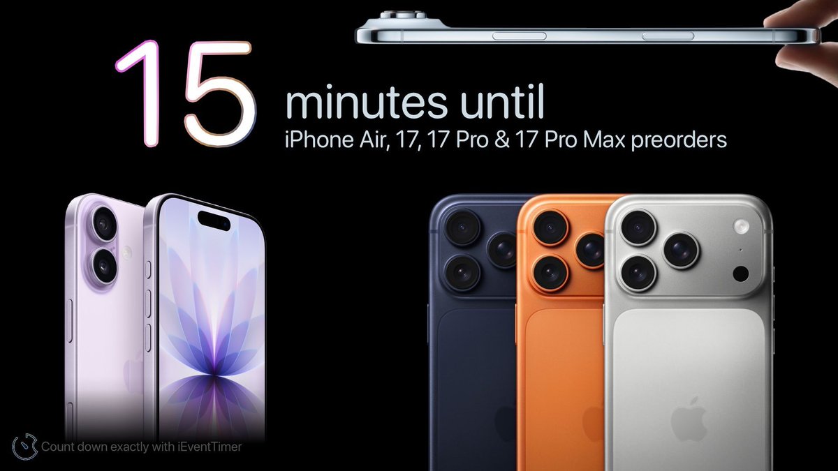 Preorders for iPhone Air, iPhone 17, 17 Pro and Pro Max will start in about 15 minutes.

#AppleEvent
