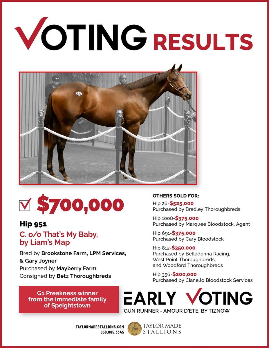 TMStallions's tweet photo. MORE opportunities to #CastYourVote in Book 3 - Session 5 showing NOW @keenelandsales!
#EarlyVoting 🗳️
#ClassicWinner #GunRunner #KeeSept https://t.co/SXIwRclZXr