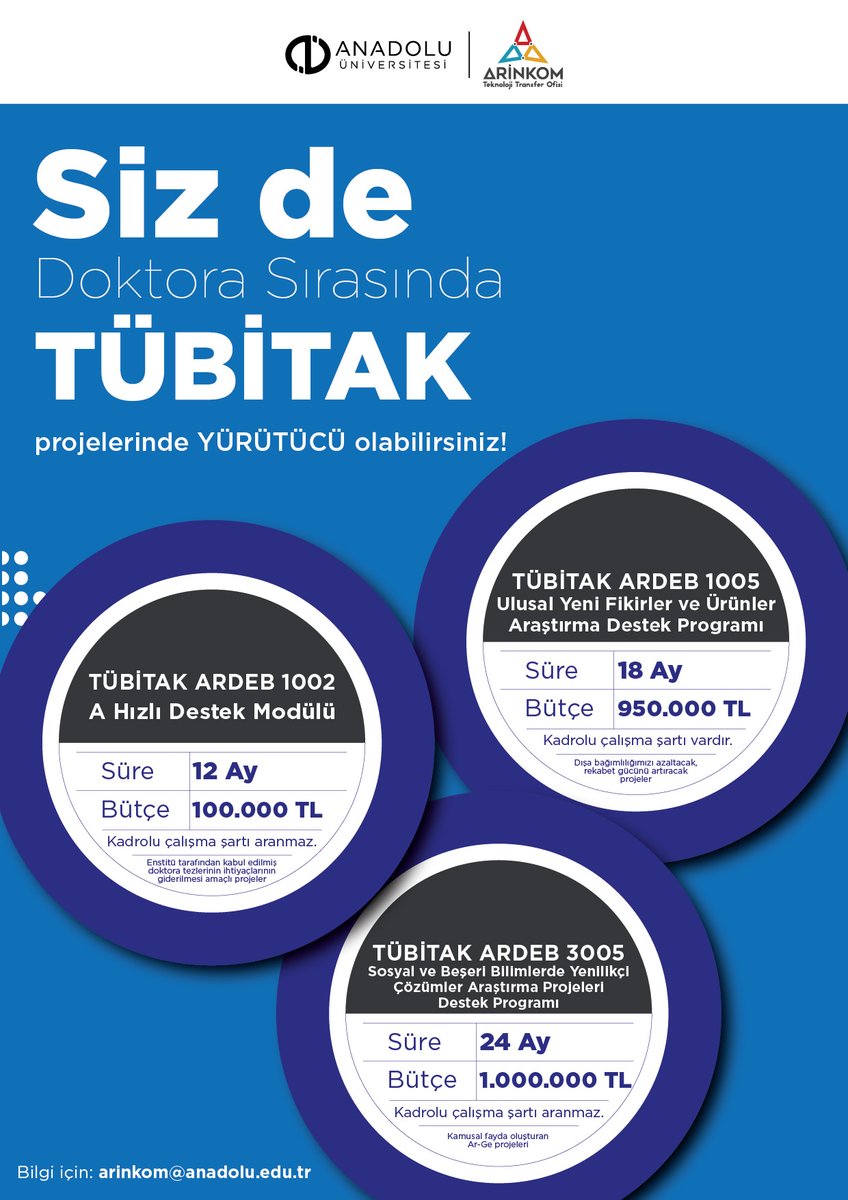 📢 Doktora yaparken TÜBİTAK projelerinde Yürütücü olabileceğini biliyor musun?

🎓 ARİNKOM TTO, ARDEB destek programları hakkında seni bilgilendiriyor ve başvuru sürecinde yanında yer alıyoruz.

📩 arinkom@anadolu.edu.tr

#TÜBİTAK #ARDEB #Doktora #AnadoluÜniversitesi #ARİNKOM