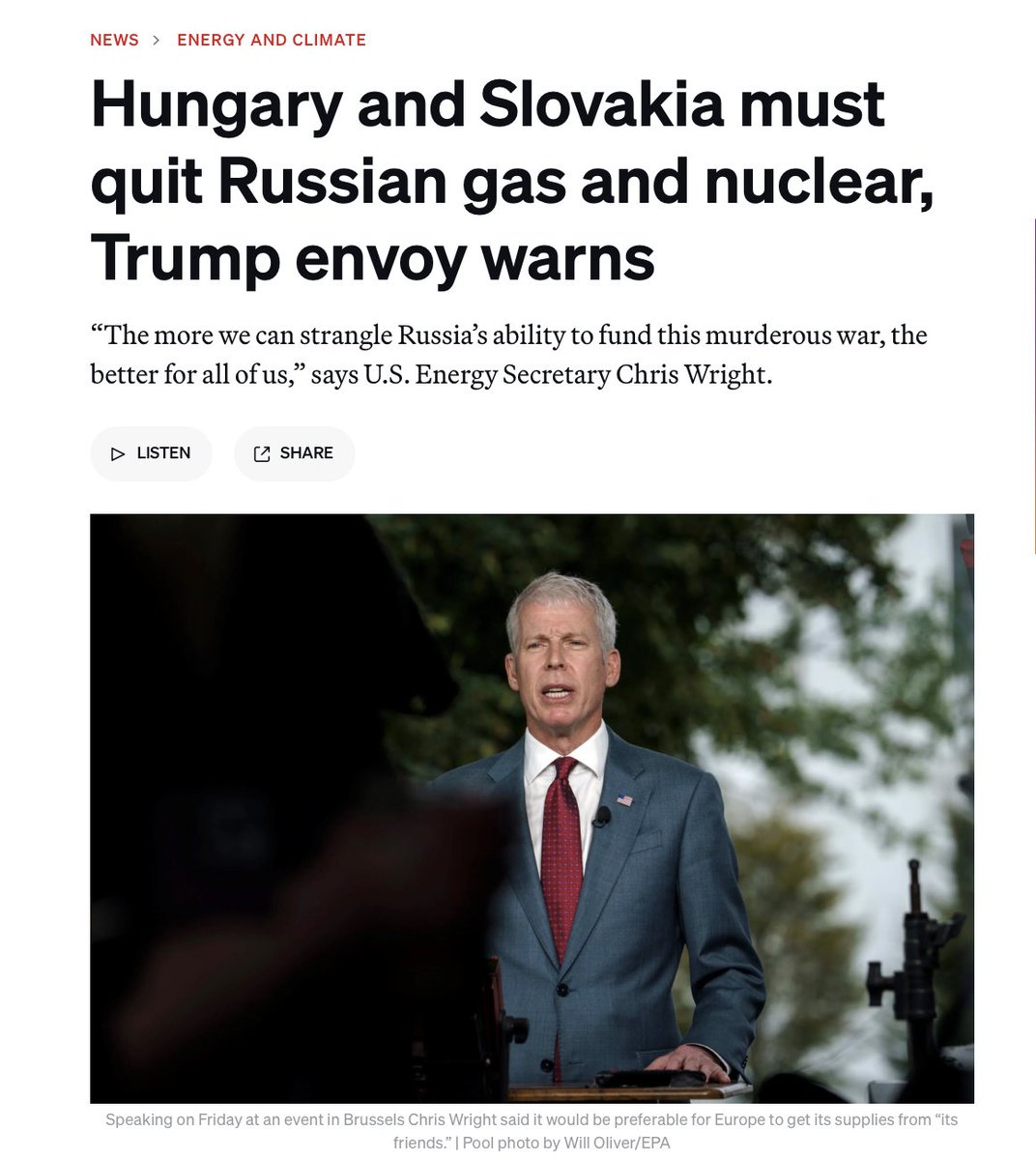 🇺🇸🚫🇷🇺 This is quite something. When <a href="/POLITICOEurope/">POLITICOEurope</a> asked if Hungary &amp; Slovakia should stop buying Russian gas, Trump’s energy secretary Chris Wright said “absolutely.” Worse for Orbán, Wright urged EU states to ditch Russian nuclear too — favoring U.S. or EU technology instead.